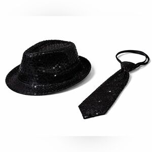 Spritz Black Sequin light up Fedora Hat and Matching Neck Tie bundle of 2